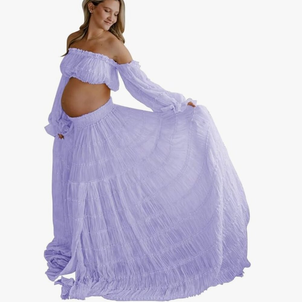 2 Piece Maternity Dress for Photoshoot Boho Long Sleeves Lace Off Shoulder